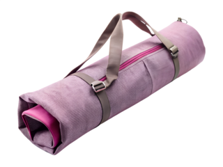 Rolled up yoga mat in a purple carrying bag isolated on transparent background
