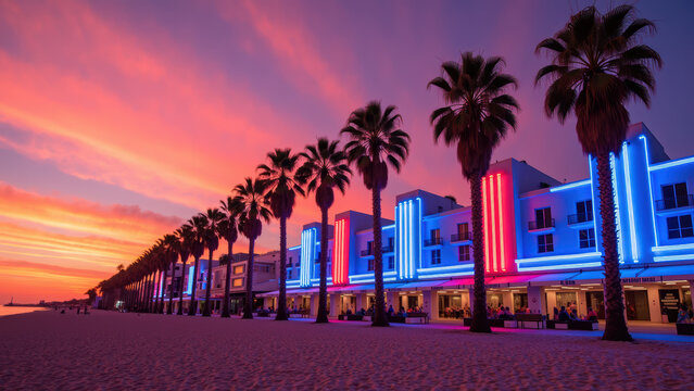 Vibrant sunset over beachside promenade lined with palm trees and illuminated buildings, creating lively atmosphere