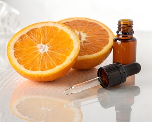 Orange essential oil serum with orange fruit sliced on white background.
