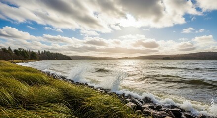 Waves crashing on a rocky shore with tall grass under a cloudy sky on a sunny day near a forest