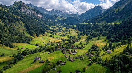 Scenic panorama of the Swiss Alps shows valley with lush greenery, houses, trees, winding road, mountains, and cloudy sky on a sunny summer day