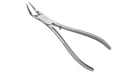 Closeup of a professional dental orthodontic plier tool made of stainless steel, isolated on a transparent background