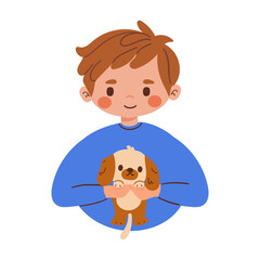 Boy hug dog. Young man hugging puppy with love, cozy relaxing friendship of man and pet, sketch with red hearts isolated on white background, vector illustration