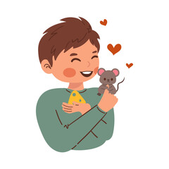 Little boys playing with his pet Happy people having fun with pet mouse. Children care about domestic animals. Cartoon vector set isolated on white background.