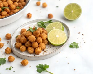  tasty fried chickpeas and lime on white background