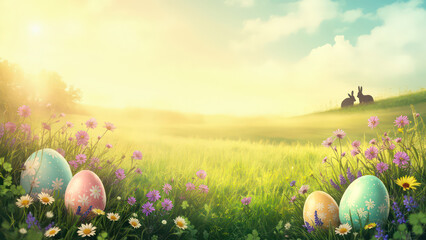 Whimsical animated landscape with a grassy field, flowers, and decorated Easter eggs; two rabbits on a hill create a cheerful spring scene.