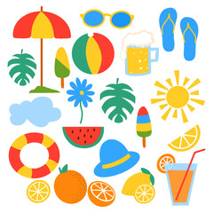Summer stuff set items isolated on white background. Hand drawn doodle vacation summer elements with sun, lemon ice lolly, hat, sunglass, bear mug, ball, umbrella, blue sky. Tropical coastal palm tree
