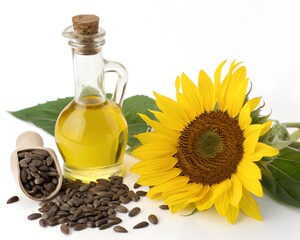  sunflower oil with seeds on white background