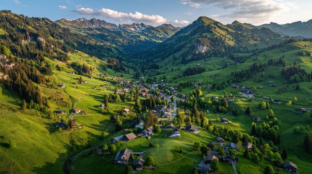 Scenic panorama of the Swiss Alps shows valley with lush greenery, houses, trees, winding road, mountains, and cloudy sky on a sunny summer day - Powered by Adobe