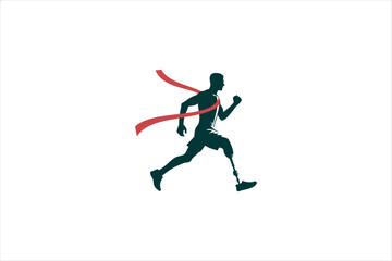 Flat vector silhouette illustration of a para-athlete with a prosthetic running blade crossing the finish line. The runner is in motion, breaking through a red ribbon, symbolizing victory.
