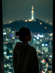 Rear view of woman looking at Seoul nightscape