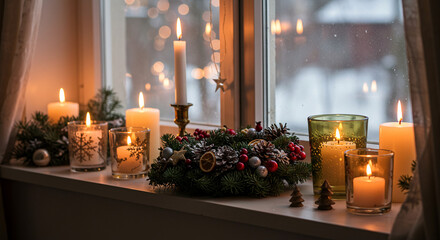 Warm Indoor Christmas Window Decoration with Candlelight and Festive Adornments Still Life