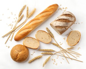 Various types of bread and ears of wheat on a white background