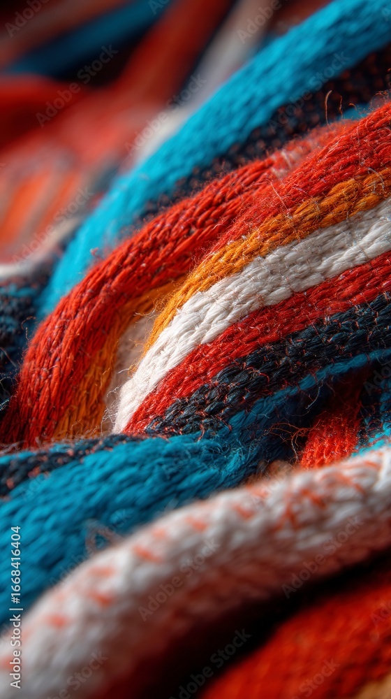 Poster colorful textile pattern, vibrant red and blue fibers intertwining, soft texture creating a dynamic 