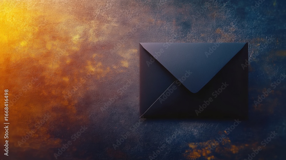 Poster dark envelope resting on textured surface with warm lighting behind it