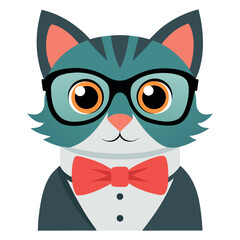 Smart and stylish pet cat illustration. A cute animal character with intelligent glasses and a dapper bow tie, perfect for whimsical digital art.