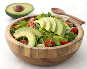 Fresh Green Salad with Avocado and Tomato on Wooden Table on white background 