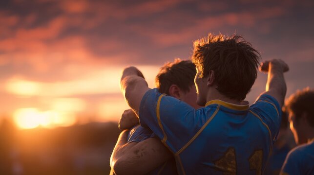 Rugby team celebrates a hard-fought victory against a beautiful sunset backdrop.