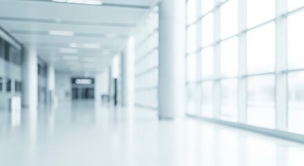 Obraz premium Bright and spacious modern hallway with large windows, leading to an open area, reflecting tranquility