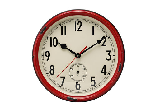 Vintage red wall clock isolated on transparent background showing the time with a rustic and weathered look for a country home