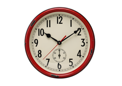 Vintage red wall clock isolated on transparent background showing the time with a rustic and weathered look for a country home