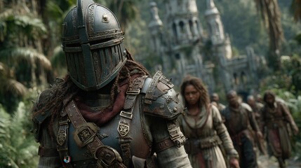 Armored Warrior Leading a Group Through Lush Jungle Towards Ancient Ruins, Fantasy Adventure Concept, Cinematic Still