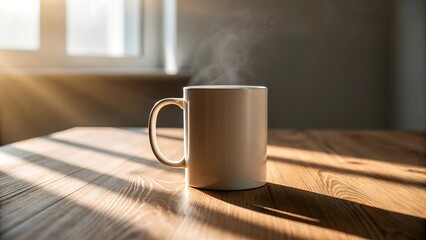 Cozy morning scene a ceramic mug filled with hot beverage emitting steam on a wooden desk