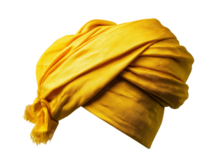 Vibrant yellow turban draped elegantly against black background