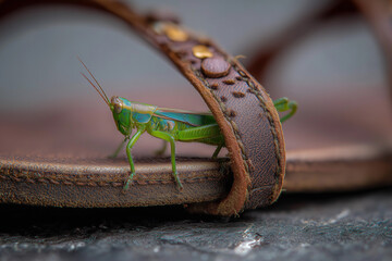Green grasshopper perched on rubber sandal, close-up, realistic detail