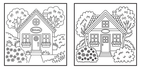 Naklejka premium Cartoon House Vector Outline Illustration with Trees and Flowers, Cute house coloring page, Cartoon home outline drawing, Cottage vector illustration, Family house sketch line art, Cozy home coloring 