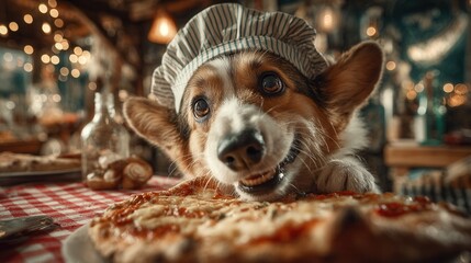 Adorable Corgi Chef with Pizza: Close-Up of a Smiling Dog Wearing a Chef's Hat, Ready to Eat Pizza.