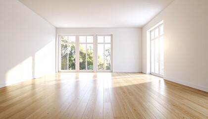 Fototapeta premium Sunlit Empty Room: Modern Interior Design with Light Wood Floors and Large Windows