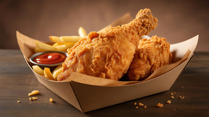 Golden Fried Chicken Delight A Delicious Meal of Crispy Chicken French Fries and Ketchup Awaits Your Taste Buds