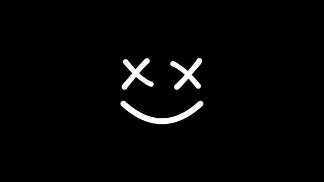 A minimalist, hand-drawn style smiley face with crossed-out eyes, set against a solid black background.