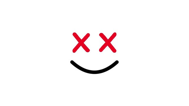 A basic emoticon design with a simple smile and red X's for eyes, set against a plain white background.