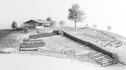 Fototapeta premium Cross-section 3D blueprint of a terraced hillside vineyard with integrated rainwater harvesting and erosion control system.
