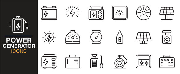 Minimalist icon set of power devices, meters, sockets, and solar equipment.