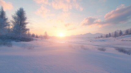 Serene winter sunrise over snow-covered landscape with frost-covered trees and mountains in the background.