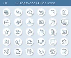 Line icons set showing business and office essentials. Includes icons of workspace, documents, coffee, communication, goals, teamwork, and supplies. Great for presentations, apps, and web design.