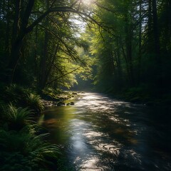 Sunlight streams through a lush forest canopy onto a tranquil river.