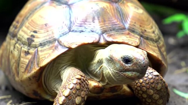 A large tortoise with a patterned shell and sturdy legs walks forward on dry, dusty ground, its head extended and eyes looking ahead
