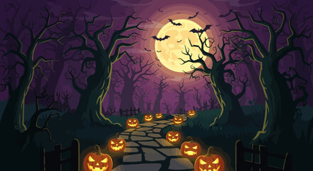 Spooky Halloween Path Jack-o'-lanterns Forest
