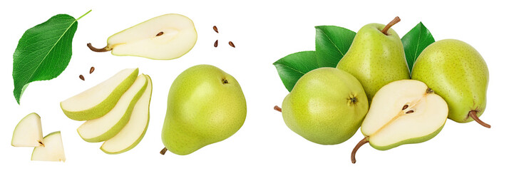Green pear fruit with slices isolated on white background . Top view. Flat lay