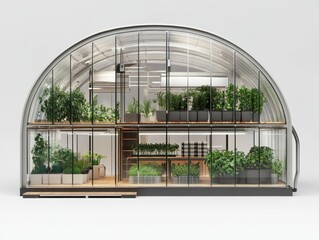 Fototapeta premium Cross-section 3D concept of a smart greenhouse with automated climate control, irrigation systems, and renewable energy integration.