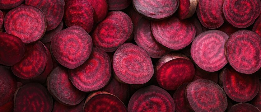 Vibrant beetroot slices creating geometric pattern with deep crimson color palette