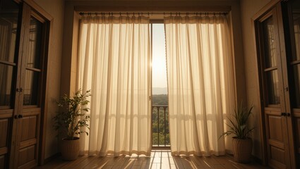 Sunlight Streaming Through Sheer Curtains in a Calm Room Overlooking a Scenic View at Sunrise