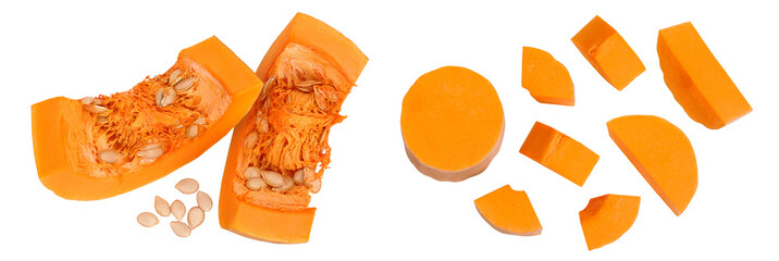 butternut squash piece isolated on white background with full depth of field. Top view. Flat lay