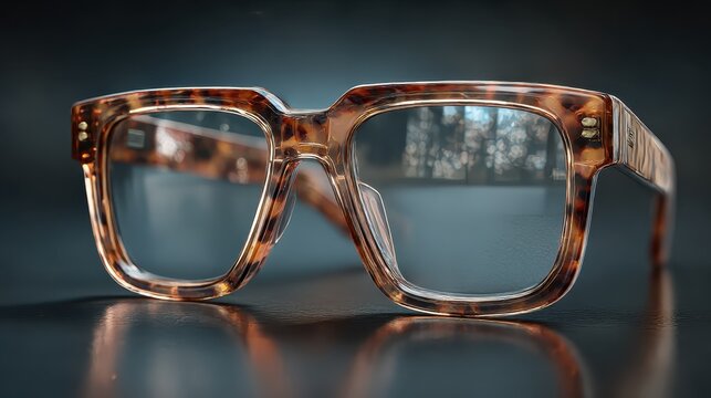 Tortoiseshell Pattern Eyeglasses with Clear Lenses on Reflective Surface spectacles