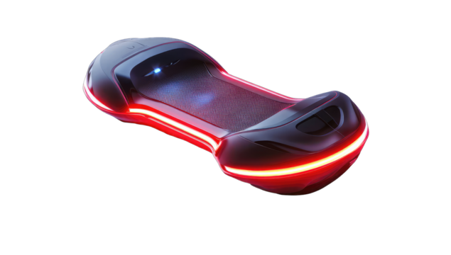 Futuristic pod-shaped device with glowing red accents