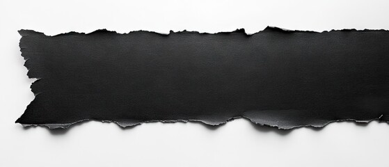 Fototapeta premium Ragged black paper fragment ripping across pure white surface, exposing blank textural space